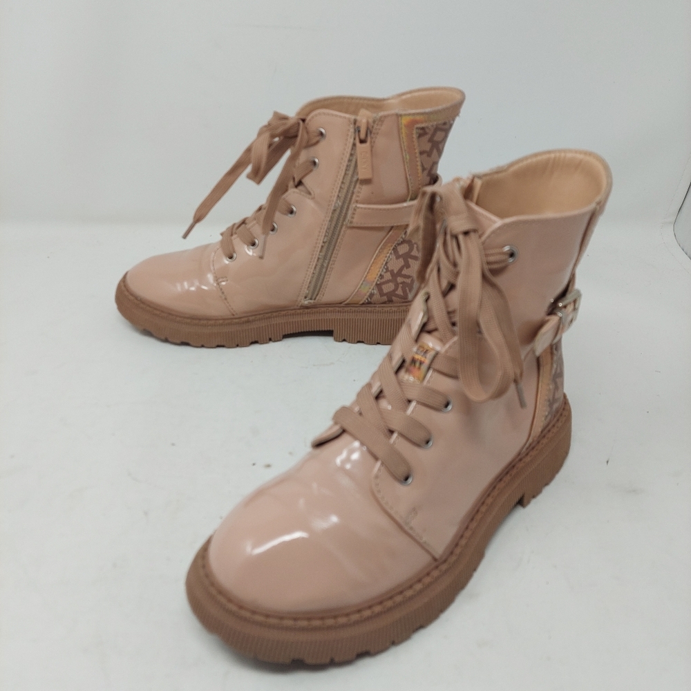DKNY Pink Metallic Logo High Top Sia Combat Boots Zippered Streetwear Punk Sz 3